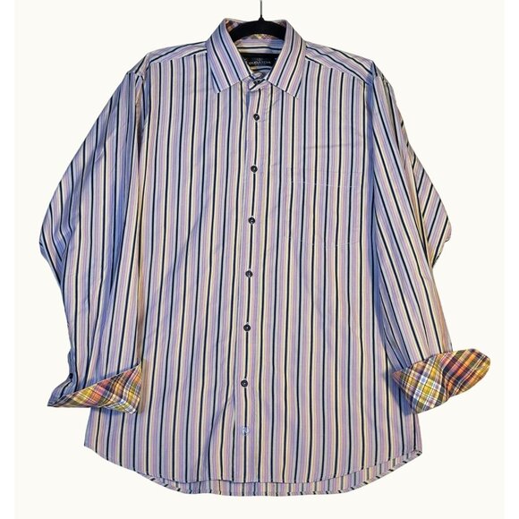 Bugatchi Mens Long Sleeve Striped Button Down Shirt Red Blue Contrast Cuff Large - Picture 7 of 16